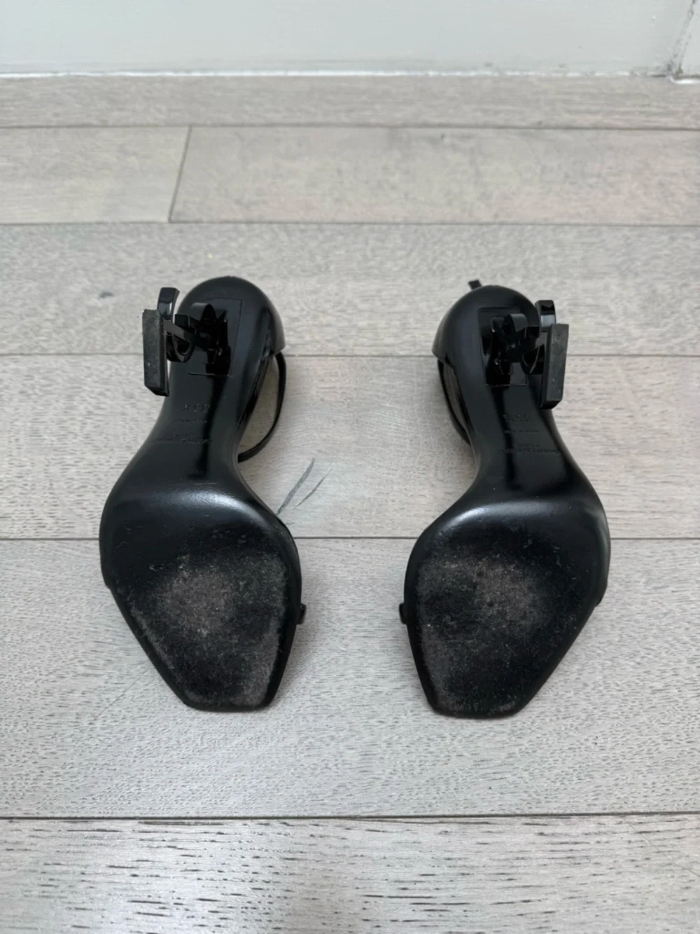 Saint Laurent Black Patent Opyum Logo Heel Ankle-Strap Sandal - Picture 7 of 7
